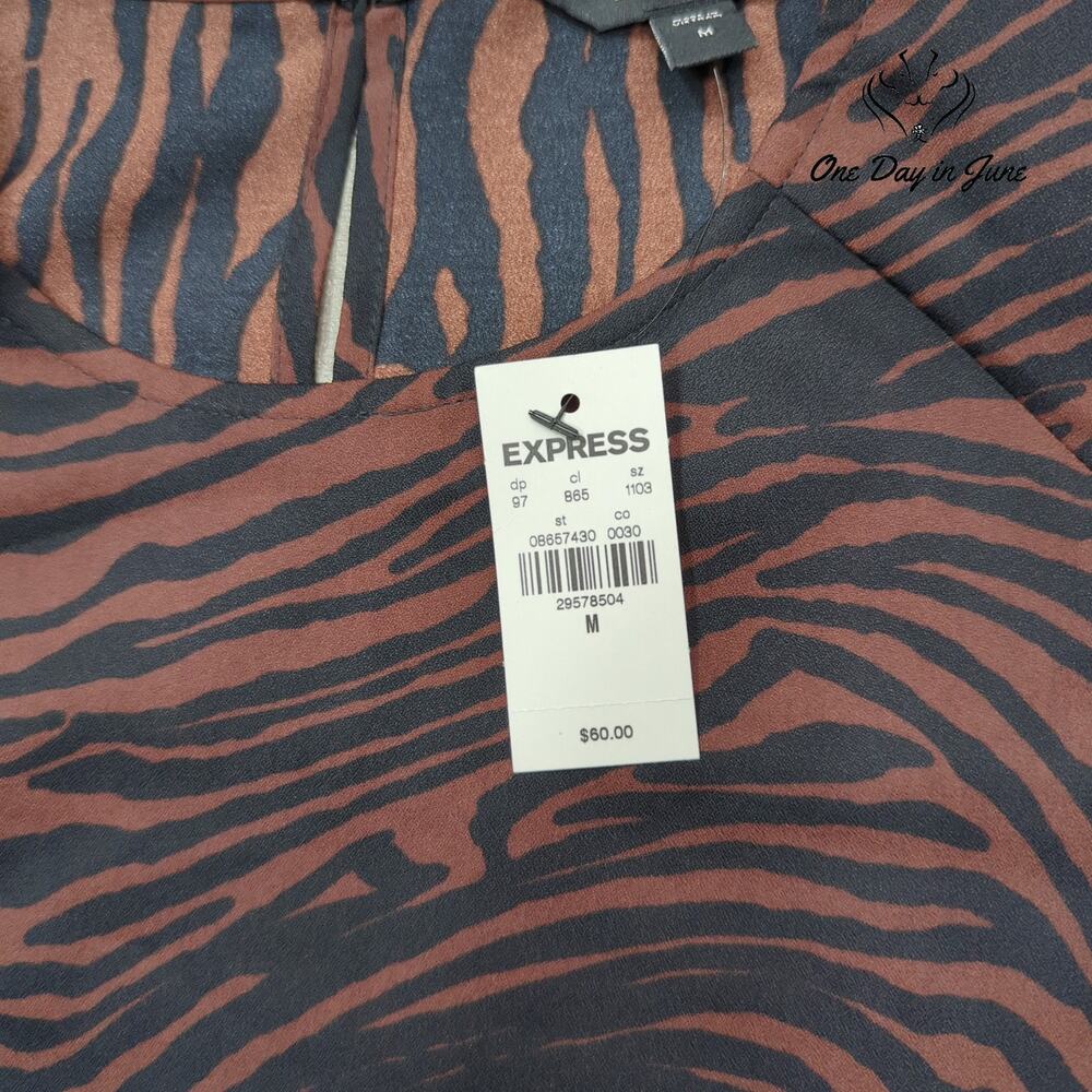 Express Zebra Print Shoulder Pad Long Sleeve Blouse Brown Black NWT Size M - Picture 2 of 5